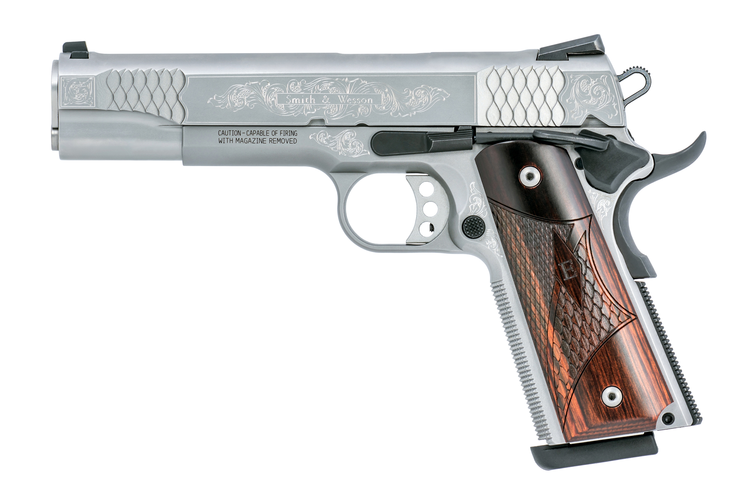 SMITH AND WESSON SW1911 45ACP 5" SS/WD ENGRAVED